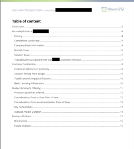 CPQ Sales Report table of contents showing vendor analysis sections